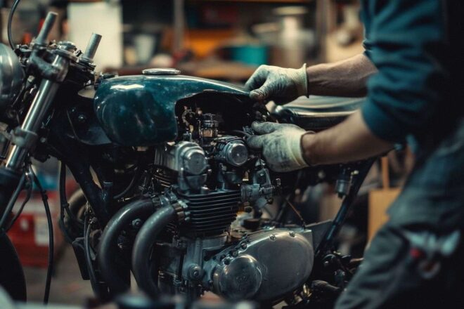Réparation moteur de moto en gros plan