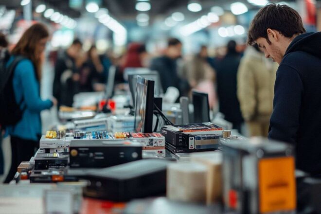 Une table débordante d électroniques en promotion