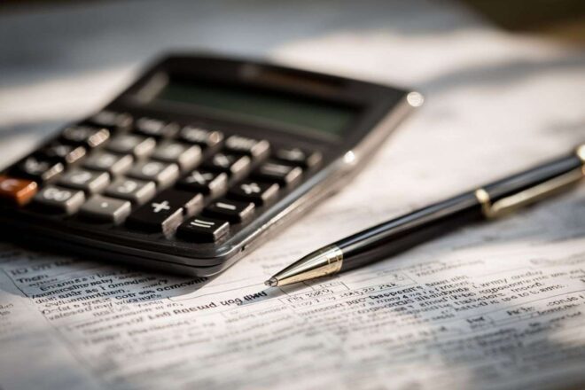 Calculatrice et stylo sur une déclaration de revenus