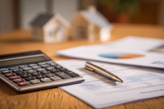 Calculatrice, stylo et brochure hypothécaire sur table en bois