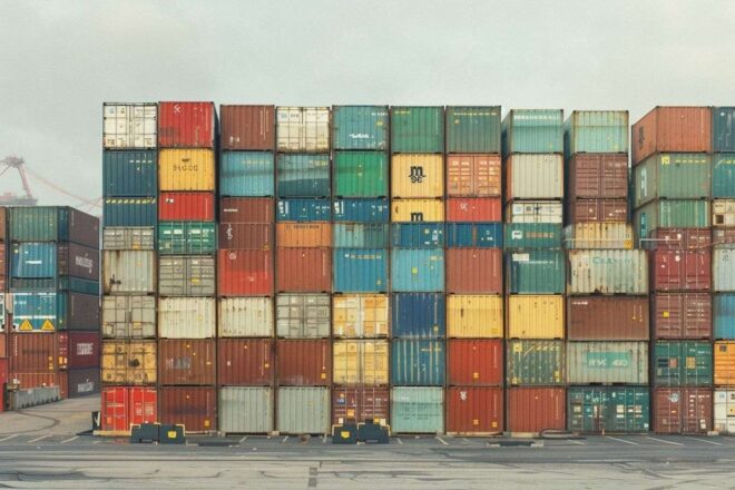 Chargement de conteneurs multicolores sur un cargo dans port animé