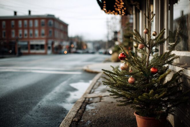 Coin de rue décoré avec sapin de noël non orné