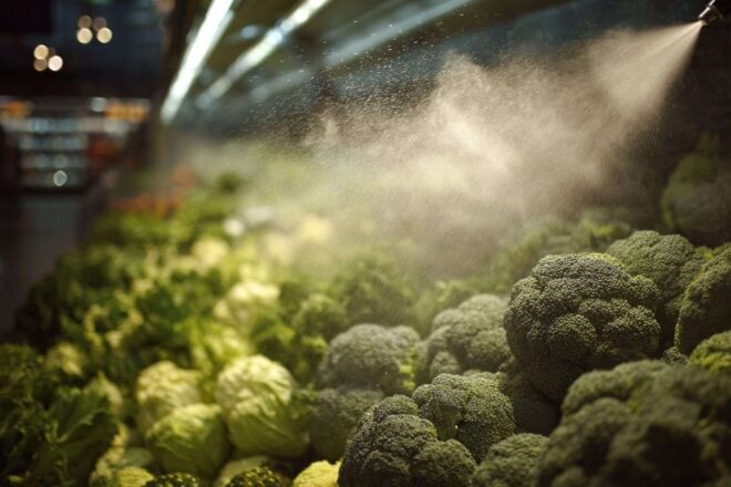 Gros plan d un nébuliseur pulvérisant une fine brume sur des légumes frais