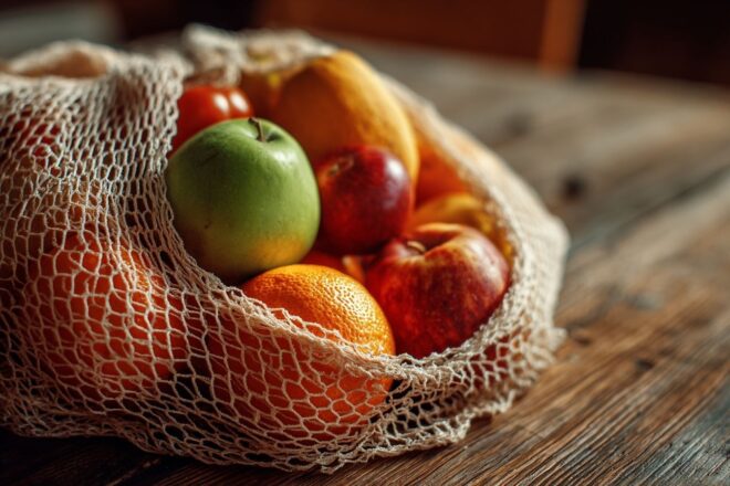 Gros plan d un sac en maille de polyéthylène rempli de fruits frais et vibrants sur une table en bois