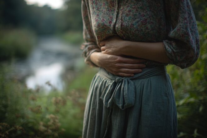 Gros plan d une femme tenant son abdomen en environnement pollué