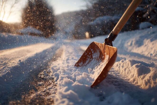 Pelle à neige sur allée enneigée